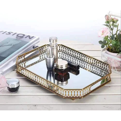 Decorative Metal Mirror Tray - Color: Golden