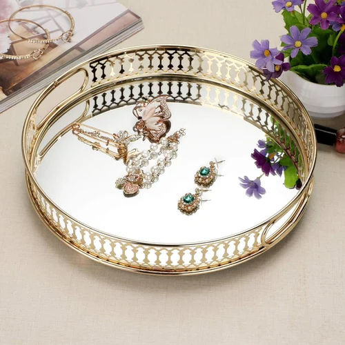 Round Metal Mirror Tray - Color: Golden