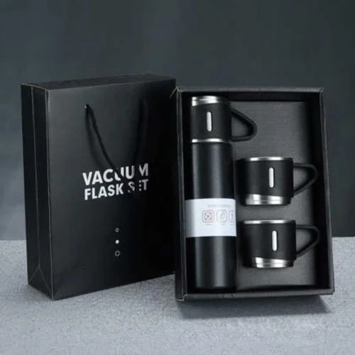 Steel Vacuum Flask Set With 3 Stainless Steel Cups Combo - Color: Black