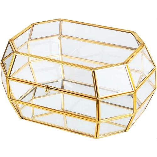 Metal Vintage Brass Glass Jewellery Box - Color: Golden