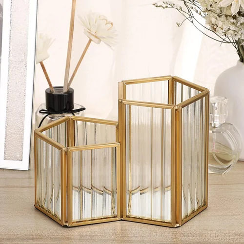 Glass And Brass Makeup Brush Holder - Color: Golden