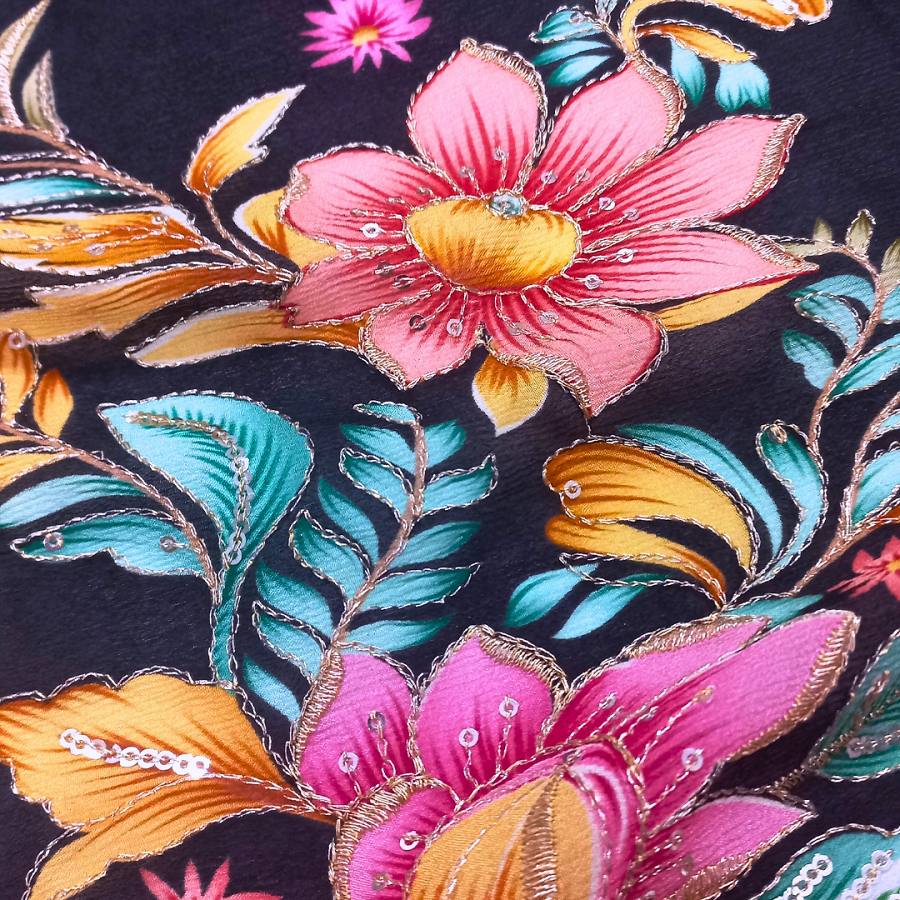 Black Color Position Print Embroidery Fabric