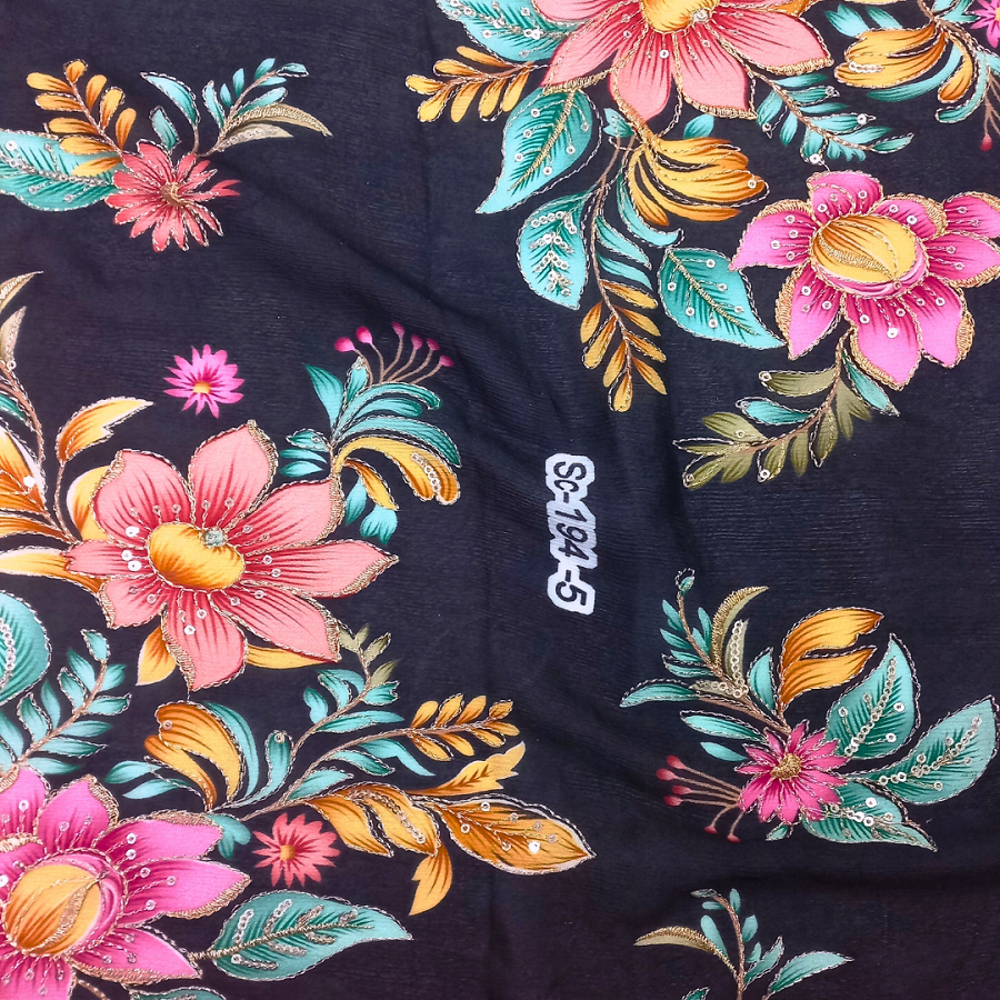 Black Color Position Print Embroidery Fabric