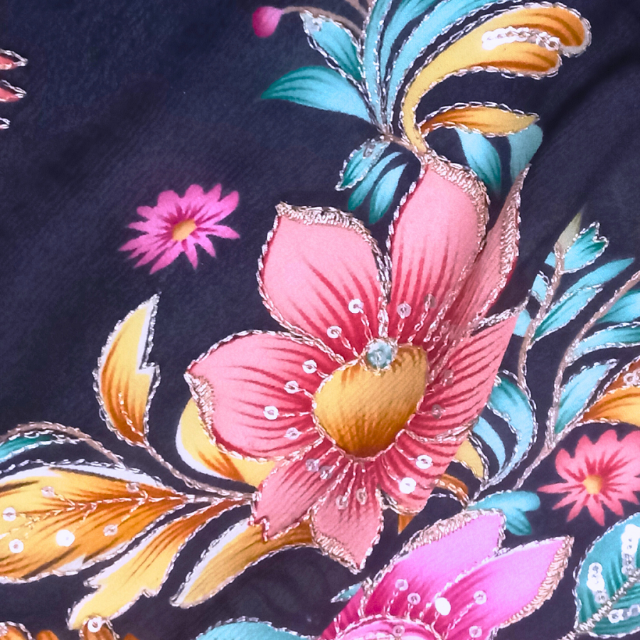 Black Color Position Print Embroidery Fabric