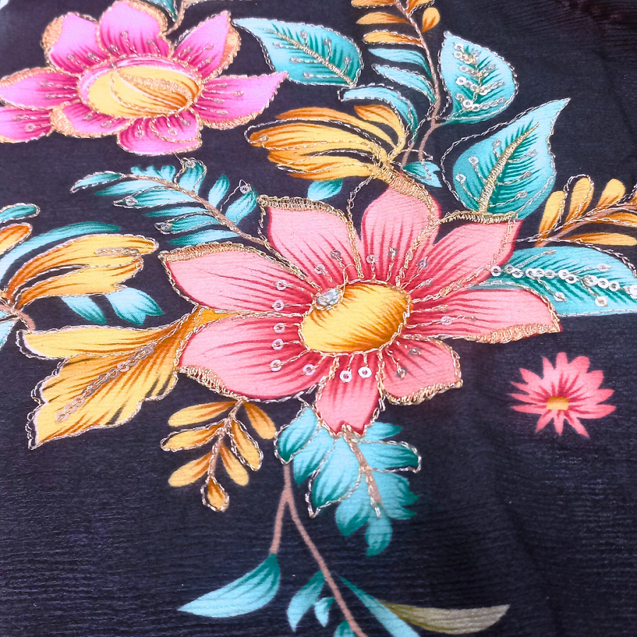 Black Color Position Print Embroidery Fabric