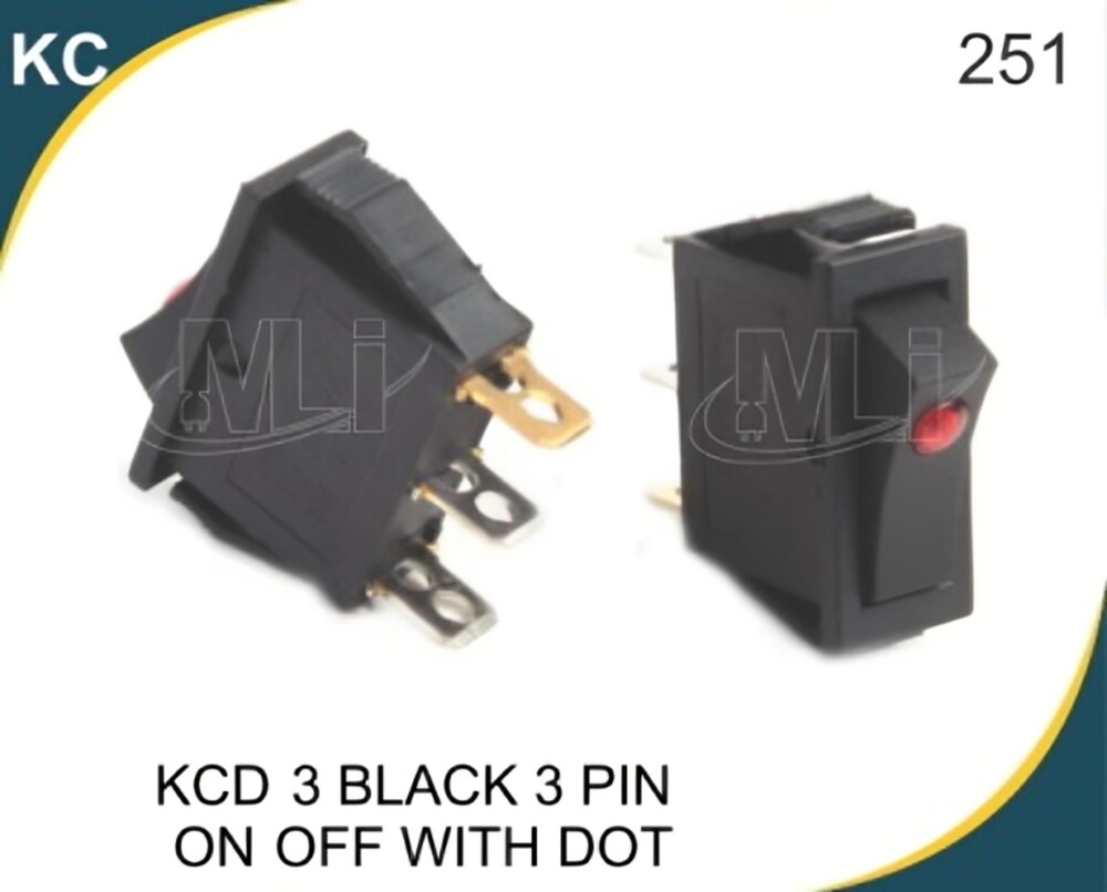 ROCKER SWITCH  BLACK 3 PIN ON-OFF WITH RED  DOT