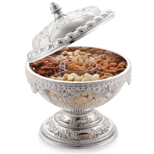 Silver Height Finish Traditional Dryfruit Box - High-Quality Plastic, Various Sizes Available, Round Shape, Elegant Silver Finish | Ideal for Gifting & Home Decor