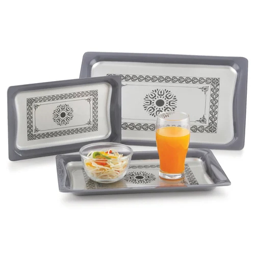 Rectangular Printed Plastic 3 Pcs Tray Set - Color: White (Base)