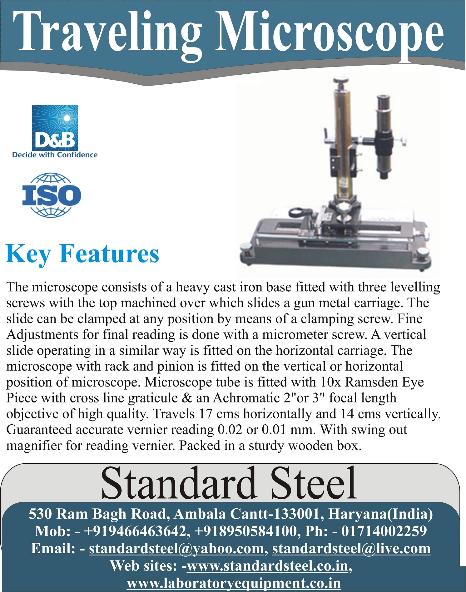 Vernier Travelling Microscope - Heavy Cast Iron Base, 17 Cm Horizontal Travel, 14 Cm Vertical Travel | Lab Application, 1 Year Warranty, Fine Micrometer Adjustments, Quality Achromatic Objective Lens, Packaged In Sturdy Wooden Box