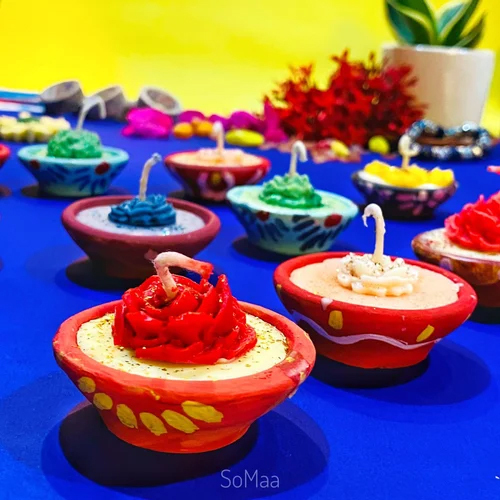 Hand Painted Soy Wax Diya Candle - Color: Multicolour