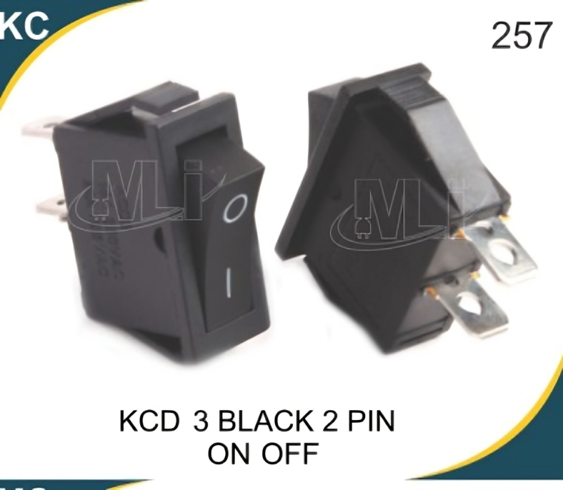KCD 3 BLACK 2 PIN ON-OFF - Copper, Iron | Long Rocker Size, Black Color, 250V AC, 16A Rating, 5-Year Mechanical Life