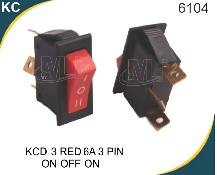 KCD 3 Long Rocker Red 6A 3 Pin On Off On