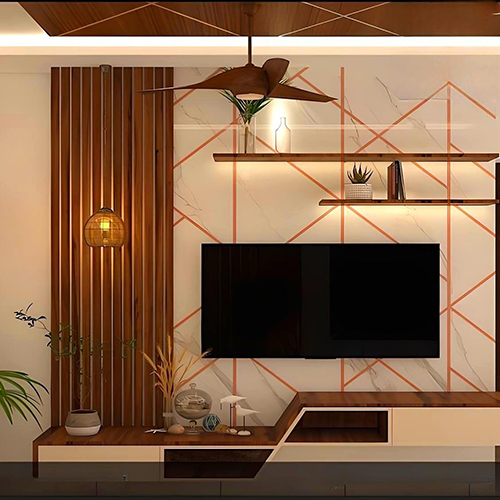 Interior Designing Service - Modern Living Room Design | Wood & Paint Materials, 8-12 Weeks Project Duration, 5-7 Client Meetings, AutoCAD & SketchUp Software