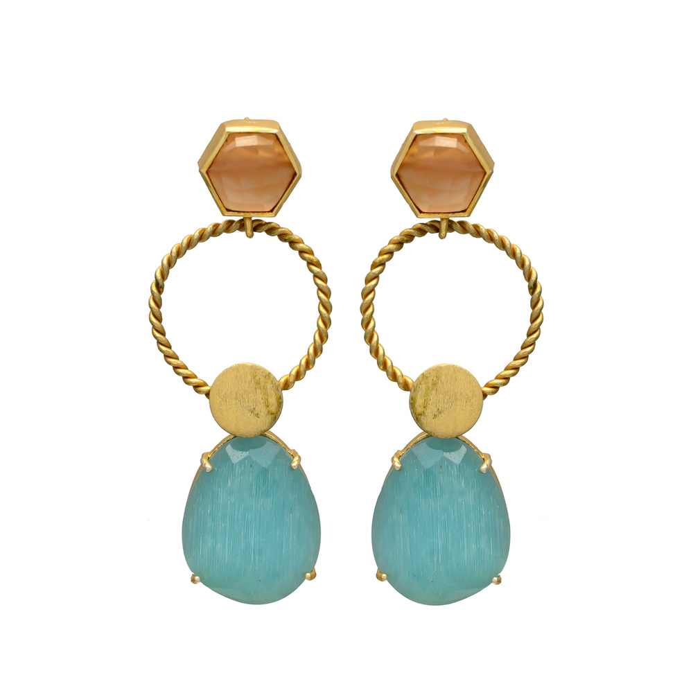 Gold plated woman earring set with aqua chalcedony and gemstone