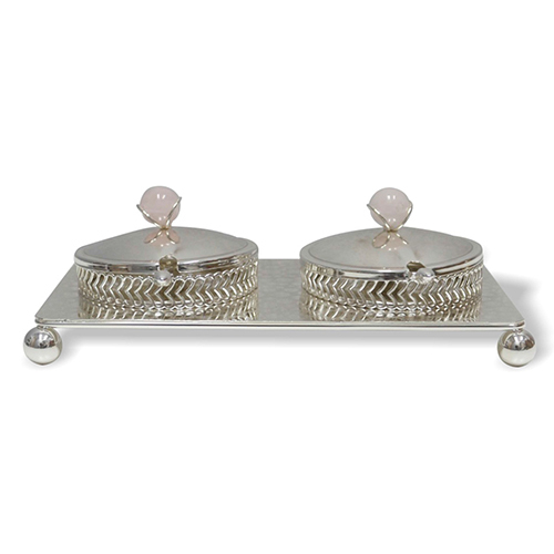 Silver Plated  Tray And Two Small Box With Pink Stone - Shape: Rectangular