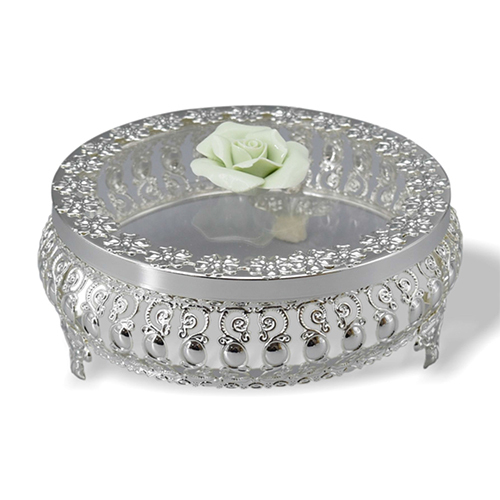 Silver Plated Dry Fruit Box With Partition And Green Rose - Shape: Round