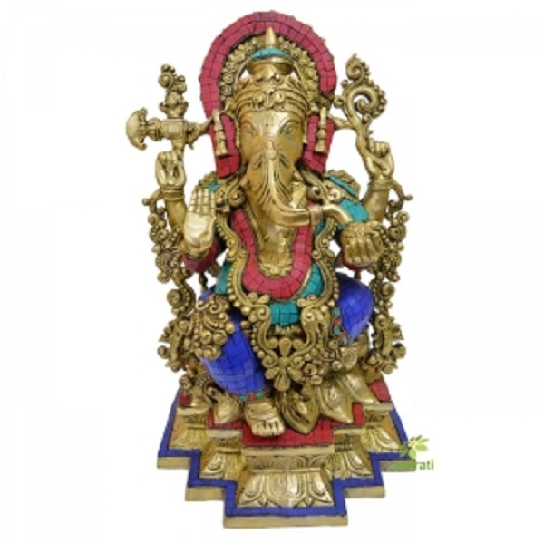 Laksmi Ganesha Statue in Dual Stone work Finish Metal Brass Decorative god idol Home decor  Gift