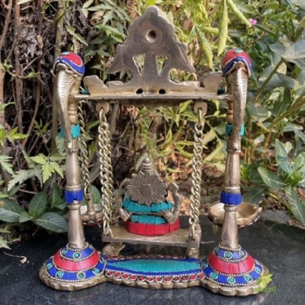 Turquoise work Brass Ganesha Swing with Oil Lamp with Peacock Design with stone work