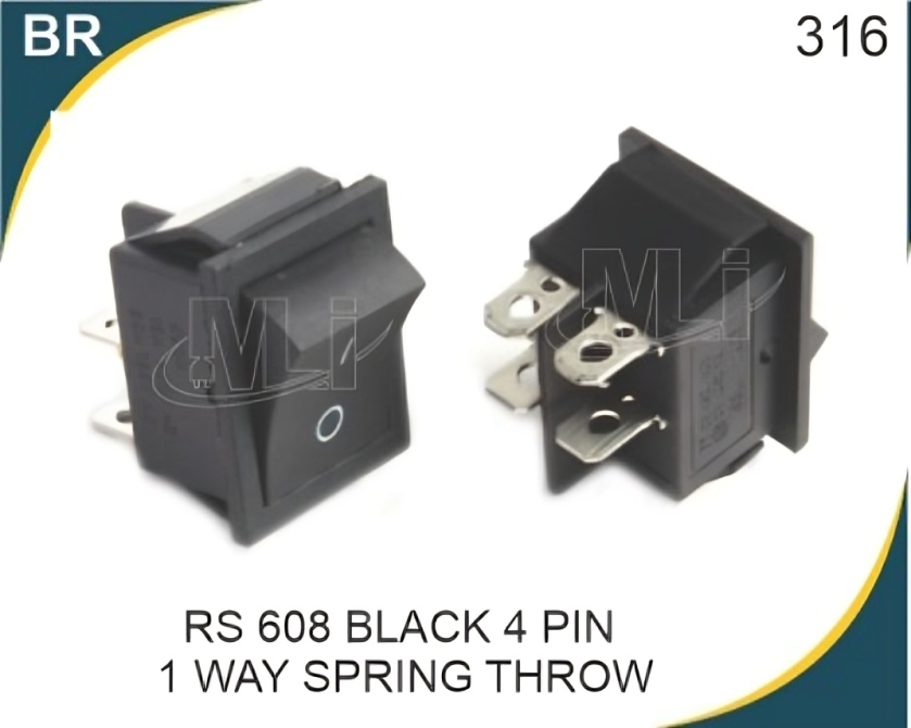 Rocker Switch Black 4 Pin 1 Way Spring Throw