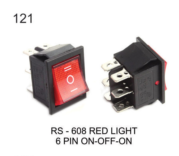 ROCKER SWITCH RED LIGHT 6 PIN ON-OFF-ON, Three Position (Center OFF)