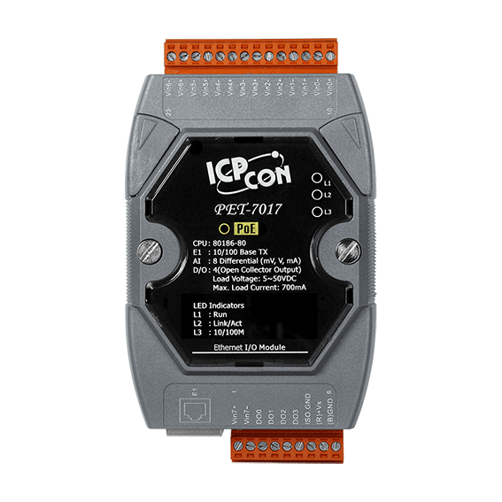 Et-7017 - Gray Plastic Ethernet I/o Module 72 X 123 X 35 Mm | 8 Differential Analog Inputs, 4 Digital Outputs, Modbus Tcp/udp, 240 Vrms Overvoltage Protection