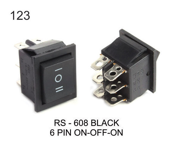 ROCKER SWITCH BLACK 6 PIN ON-OFF-ON, Three Position (Center OFF)