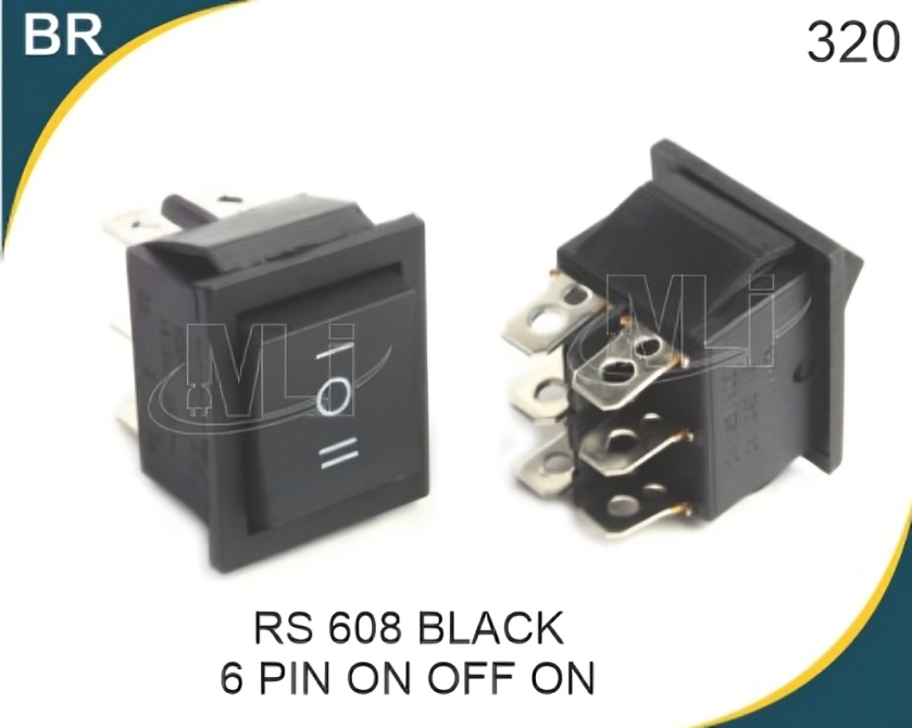 Rocker SwitchBlack 6 Pin On Off On, Three Position (Center OFF)