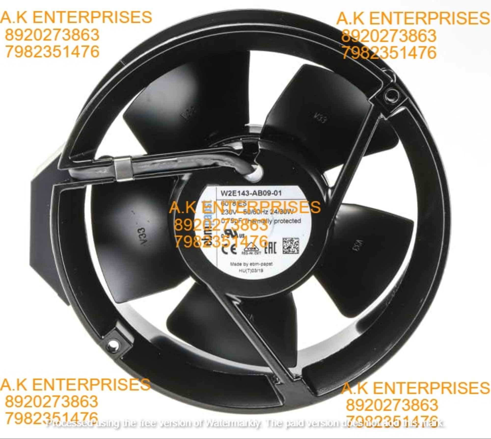 ebmpapst W2E143-AB09-01 Axial Fan 230V~50/60Hz 24/30W DC Brushless Air Cooling Fan 3300 RPM 172 * 172 * 51mm 2-Wire (Metal)