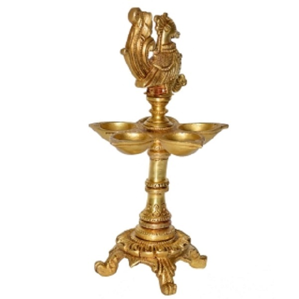 Aakrati Brass Standing Oil Lamp with A Small Bird Figurine at Top for Home Hotel Cottage Resort Decoration Handmade in India Vintage Decoration Table Decoration