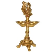 Aakrati Brass Standing Oil Lamp with A Small Bird Figurine at Top for Home Hotel Cottage Resort Decoration Handmade in India Vintage Decoration Table Decoration