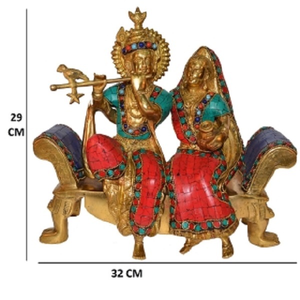Radha Krishna Sitting On A Sofa Set With Turquoise Work