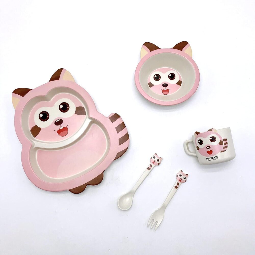 Cherrybox Dinnerware Plate Set For Kids - Cartoon Design Crockery Set - Bamboo Fibre Eco Friendly (Raccoon - 5 Pc Set) Multi-Colour - Color: Multi Color