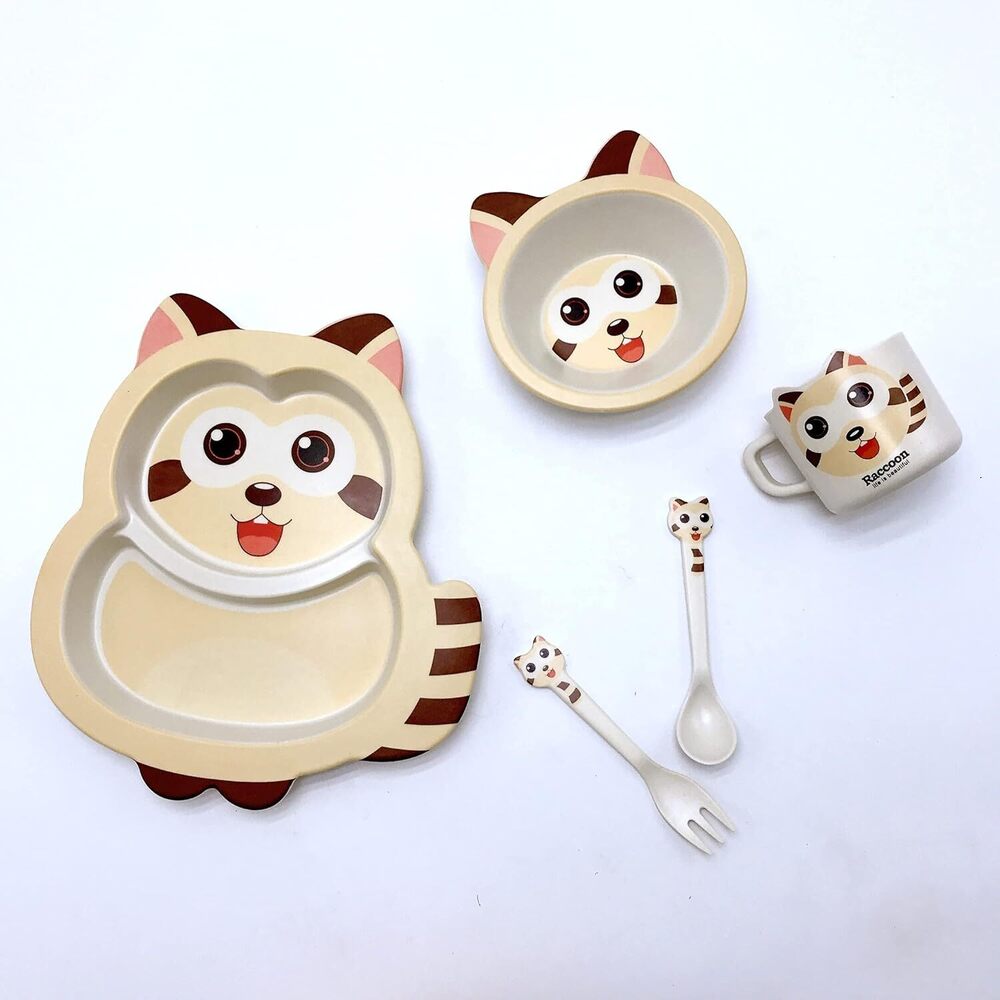 CherryBox Dinnerware Plate Set for Kids - Cartoon Design Crockery Set - Bamboo Fibre Eco Friendly (Raccoon - 5 Pc Set) Multi-Colour