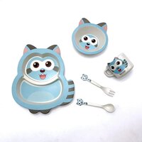 CherryBox Dinnerware Plate Set for Kids - Cartoon Design Crockery Set - Bamboo Fibre Eco Friendly (Raccoon - 5 Pc Set) Multi-Colour