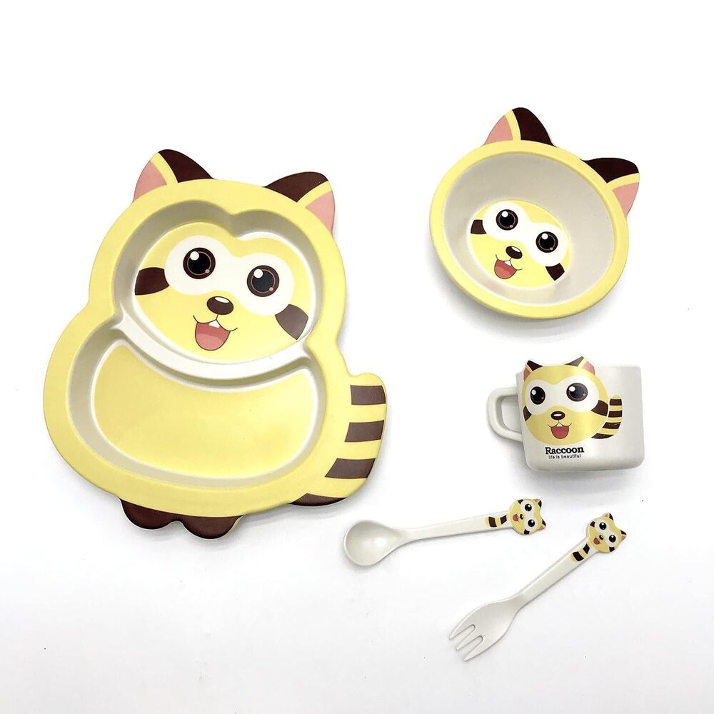 CherryBox Dinnerware Plate Set for Kids - Cartoon Design Crockery Set - Bamboo Fibre Eco Friendly (Raccoon - 5 Pc Set) Multi-Colour