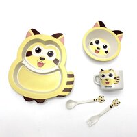 CherryBox Dinnerware Plate Set for Kids - Cartoon Design Crockery Set - Bamboo Fibre Eco Friendly (Raccoon - 5 Pc Set) Multi-Colour