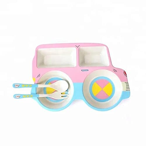 Cherrybox Dinnerware Plate Set For Kids - Car Design Crockery Set - Bamboo Fiber Eco Friendly (Car - 3 Pc Set) - Color: Multi Color