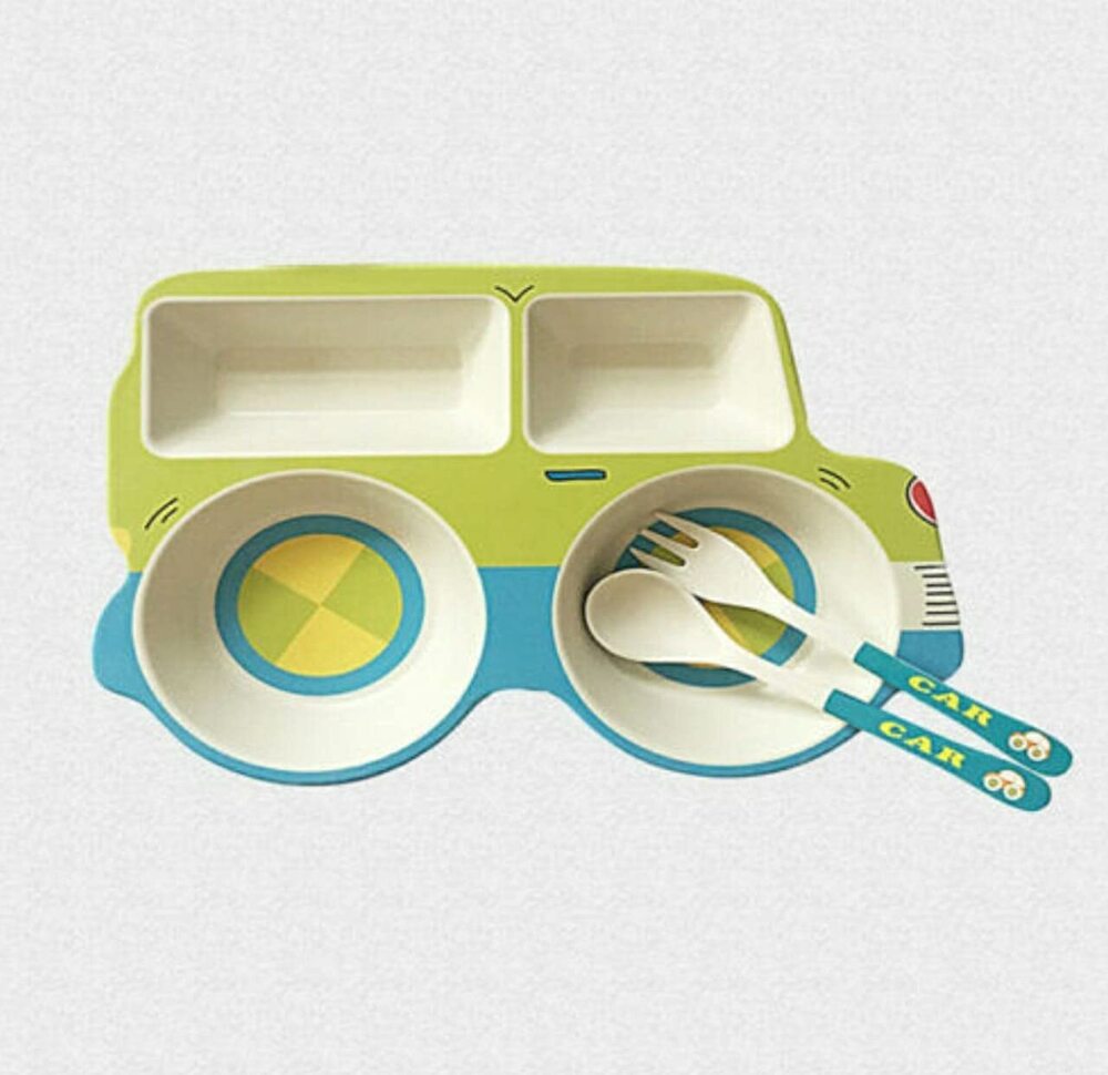 CherryBox Dinnerware Plate Set for Kids - Car Design Crockery Set - Bamboo Fiber Eco Friendly (Car - 3 Pc Set)