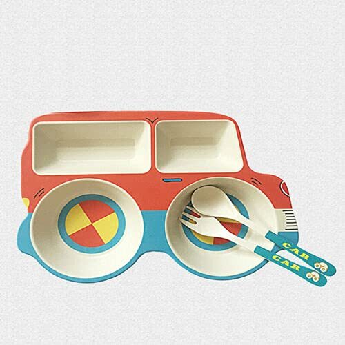 CherryBox Dinnerware Plate Set for Kids - Car Design Crockery Set - Bamboo Fiber Eco Friendly (Car - 3 Pc Set)