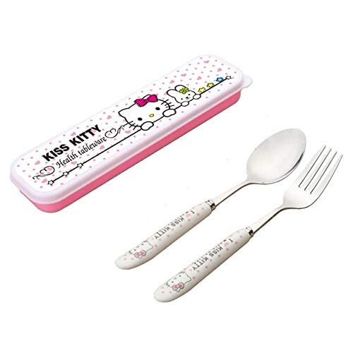 CherryBox Cartoon Feeding Pink Kitty Stainless Steel Spoon & Fork Cutlery Set for Kids with Box