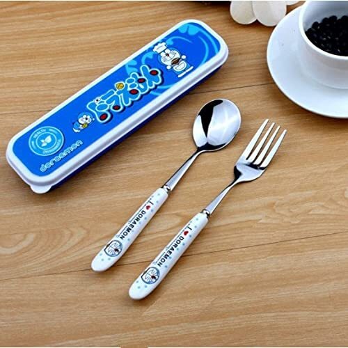 Cherrybox Stainless Steel Spoon & Fork Cutlery Set For Kids - Cartoon Baby Feeding - Color: White And Blue