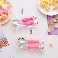 CherryBox Pink Kitty Stainless Steel Spoon & Fork Cutlery Set for Kids with Box