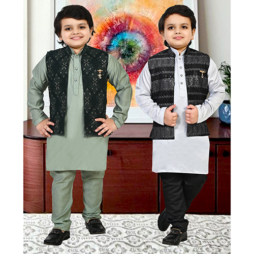 Kurta Pajama Set - Cotton Blend, Sizes For Boys 5-6 Years And Above, Classic Black, Full Sleeves Design, High-quality Ethnic Wear