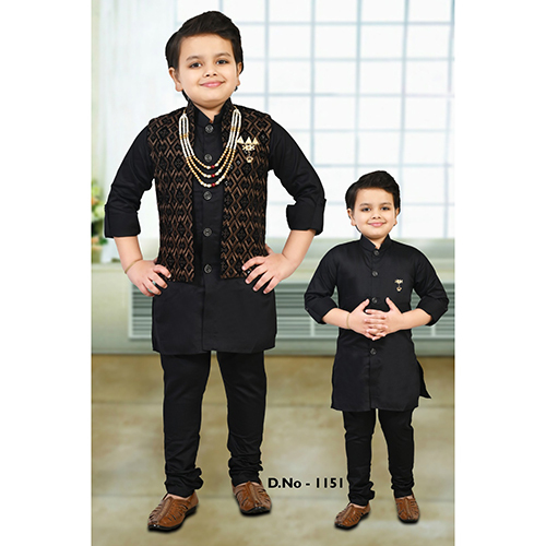 Kurta Pajama Set - Cotton Blend, Sizes For Boys 5-6 Years And Above, Classic Black, Full Sleeves Design, High-quality Ethnic Wear