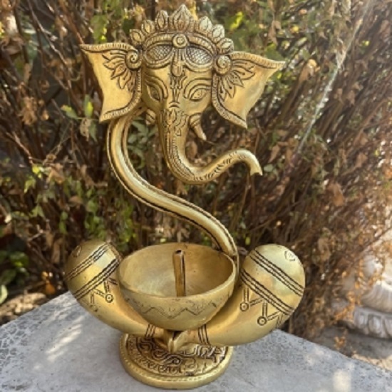 Ganesh Statue With Akhand Diya Table Top Religious Hindu God Figure