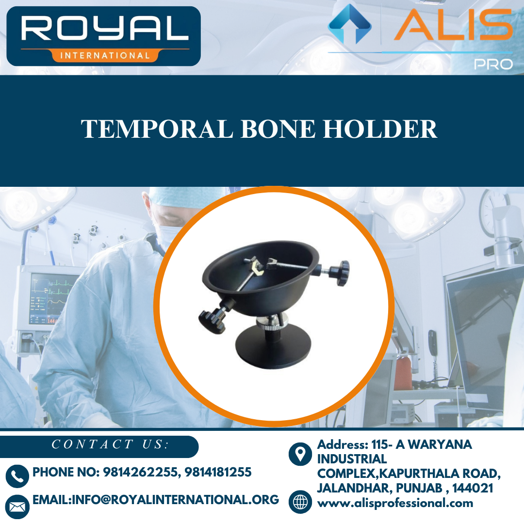 Temporal Bone Holder - Metal, Adjustable Size | Manual Locking System, Reusable And Waterproof, Polished Finish, Lightweight Design