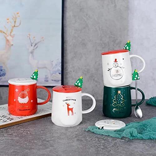 CherryBox Ceramic Coffee Mug with Christmas Tree 3D Spoon | Designer Cups with Lid - 1 pc (400 ml)