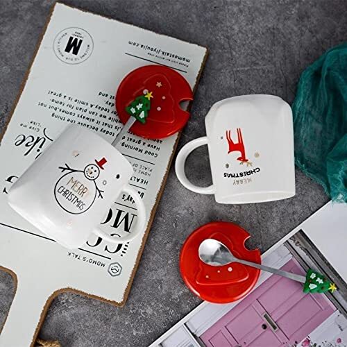 Cherrybox Ceramic Coffee Mug With Christmas Tree 3d Spoon | Designer Cups With Lid - 1 Pc (400 Ml) - Color: Multi Color