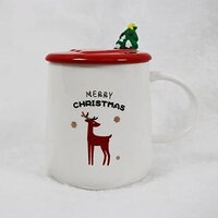 CherryBox Ceramic Coffee Mug with Christmas Tree 3D Spoon | Designer Cups with Lid - 1 pc (400 ml)