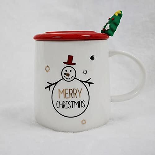Cherrybox Ceramic Coffee Mug With Christmas Tree 3d Spoon | Designer Cups With Lid - 1 Pc (400 Ml) - Color: Multi Color